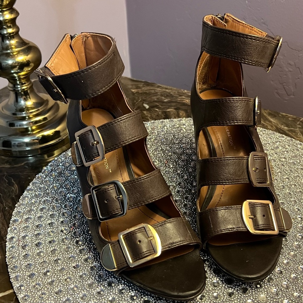 BCBGENERATION wedge heels, brown with gold buckles. Size 6 1/2